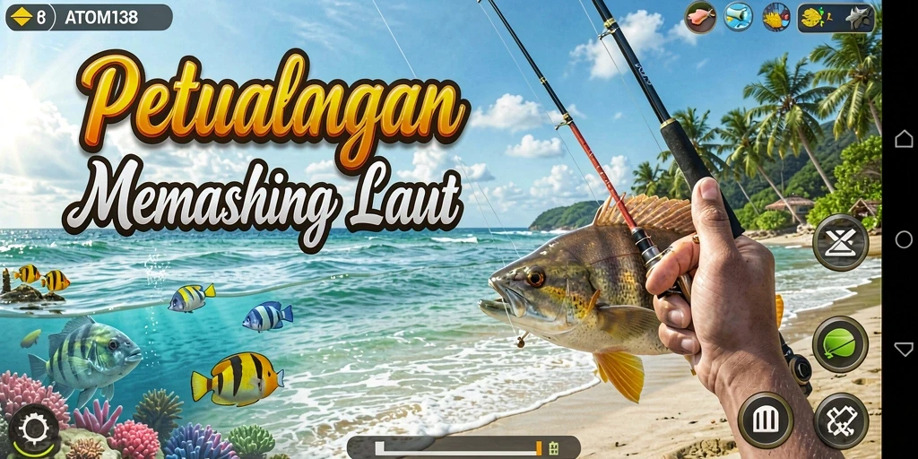 Screenshot utama ATOM138 menunjukkan aksi memancing yang mendebarkan.