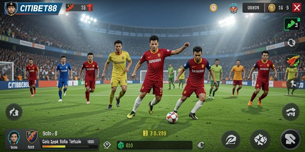 Screenshot dari gameplay <strong>CITIBET88</strong> yang menunjukkan aksi di lapangan sepak bola.