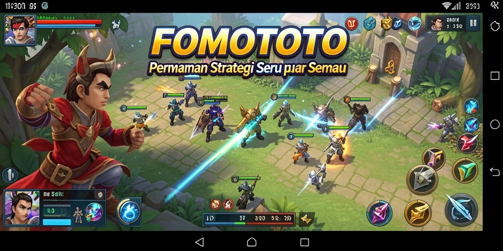 Screenshot gameplay FOMOTOTO menampilkan pertempuran strategis yang seru.