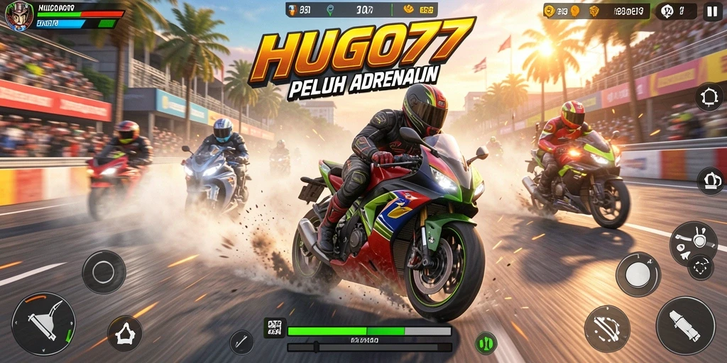 Tampilan gameplay HUGO77 yang mendebarkan saat balapan motor.