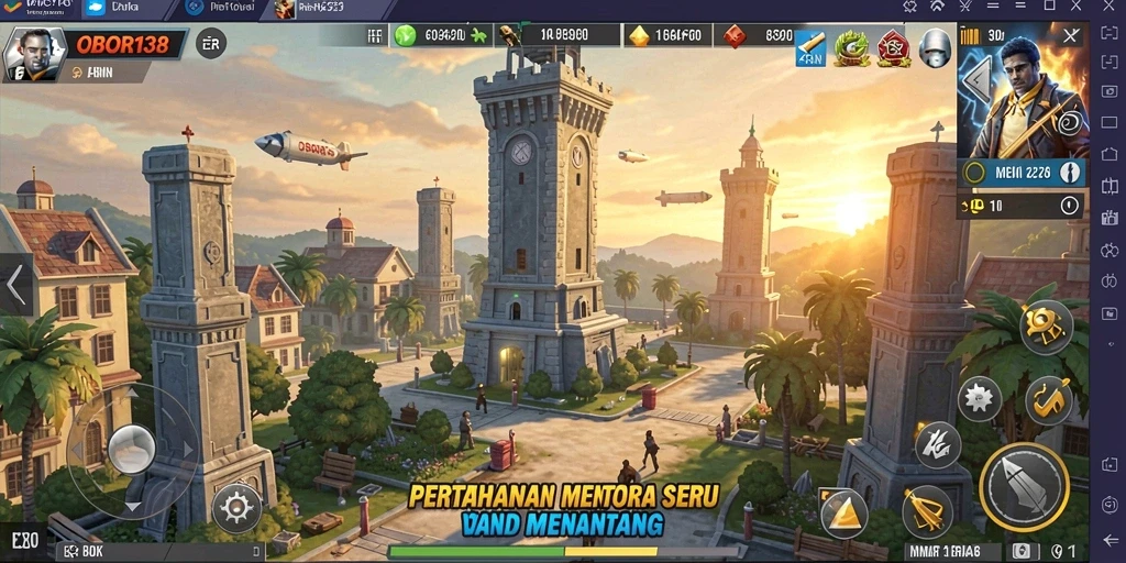 Tampilan gameplay menarik dari OBOR138 dengan berbagai tower pertahanan.