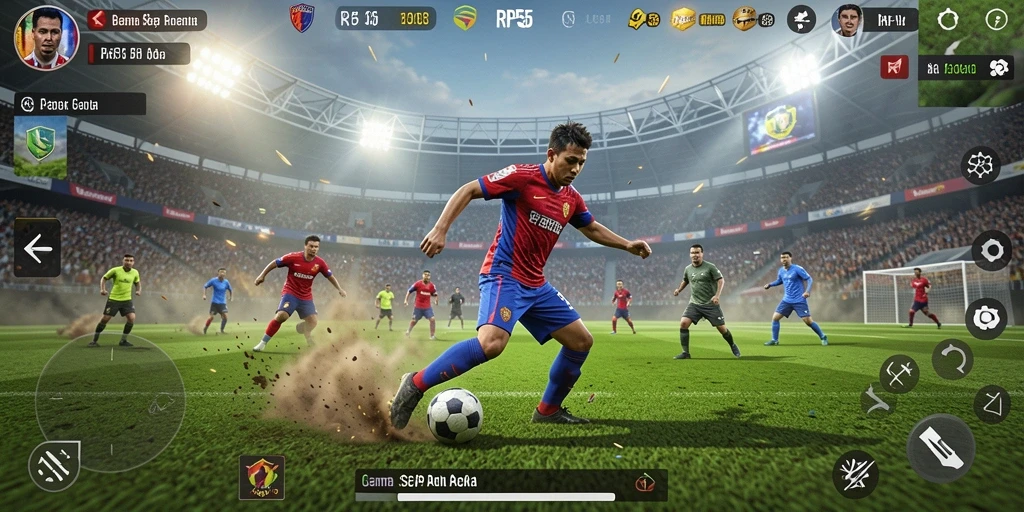 Screenshot utama dari gameplay sepak bola yang mendebarkan di RP55.