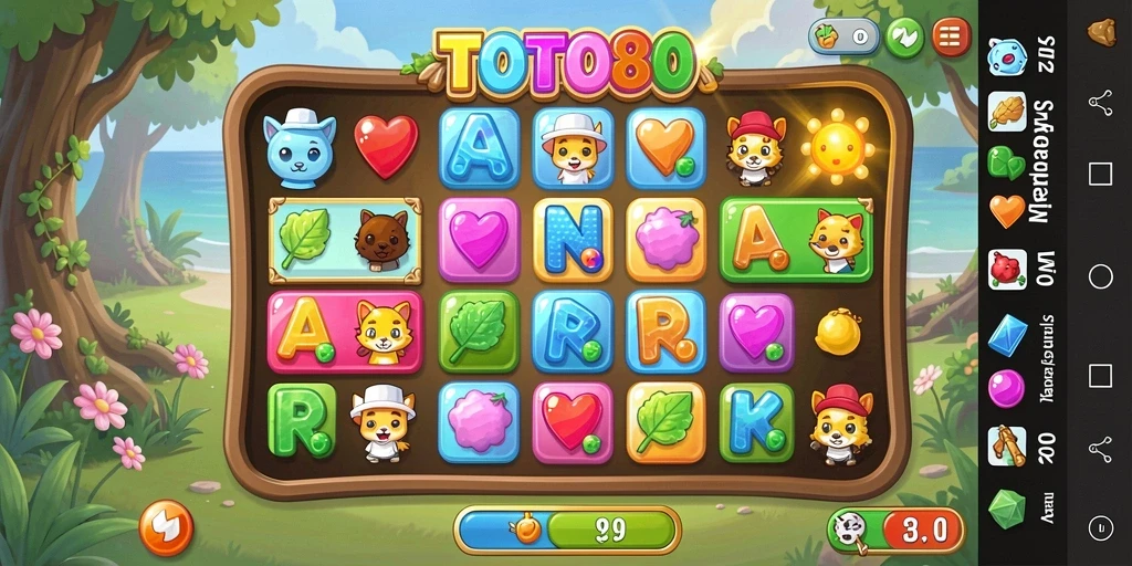 Screenshot utama TOTO80 menampilkan gameplay Match-3 yang seru dan penuh warna.
